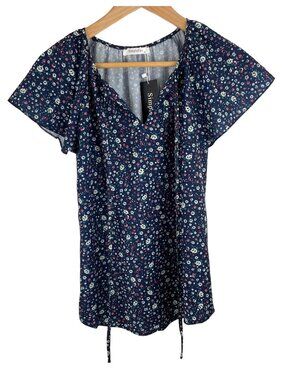 Simple Fun Womens Size Medium Blue Floral Boho Blouse Shirt Ruffled Sleeves